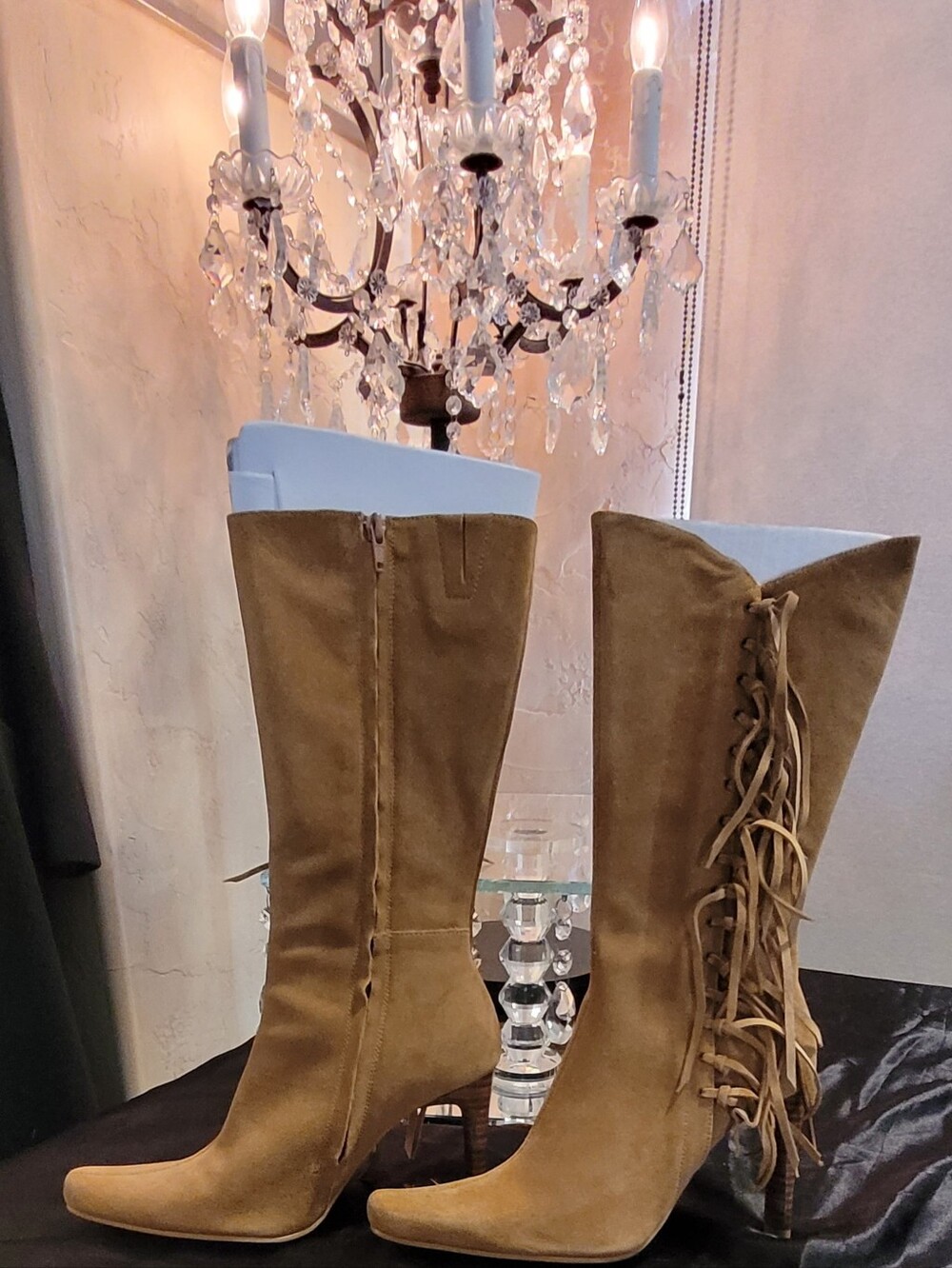 MIA Tan Suede Fringed Tall Western Boots. Y2K Size 6.5 Stiletto Heels 4in - Picture 14 of 17